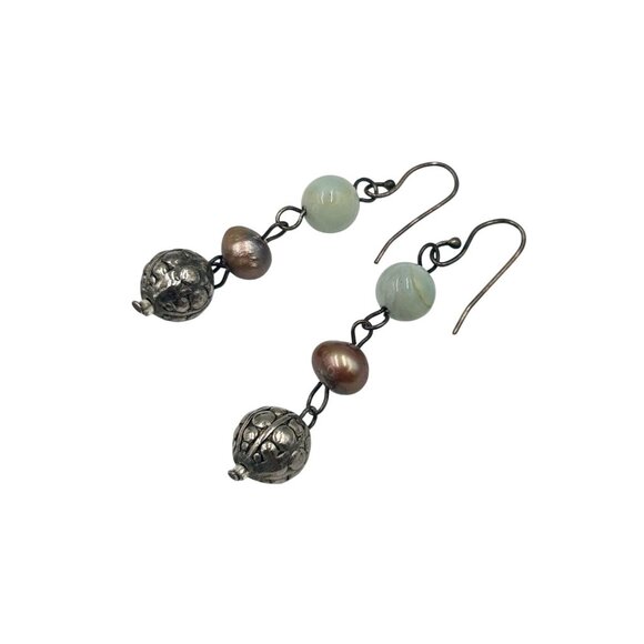 Vintage Earrings Stone Pearl & Sterling Silver Beads Dangling Beaded Earrings - Picture 1 of 5